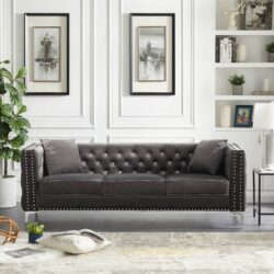 Modern Sofa Jeweled Buttons Tufted Square Arm Couch, 2 Pillows Included - Gray