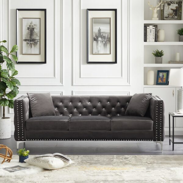 Modern Sofa Jeweled Buttons Tufted Square Arm Couch, 2 Pillows Included - Gray