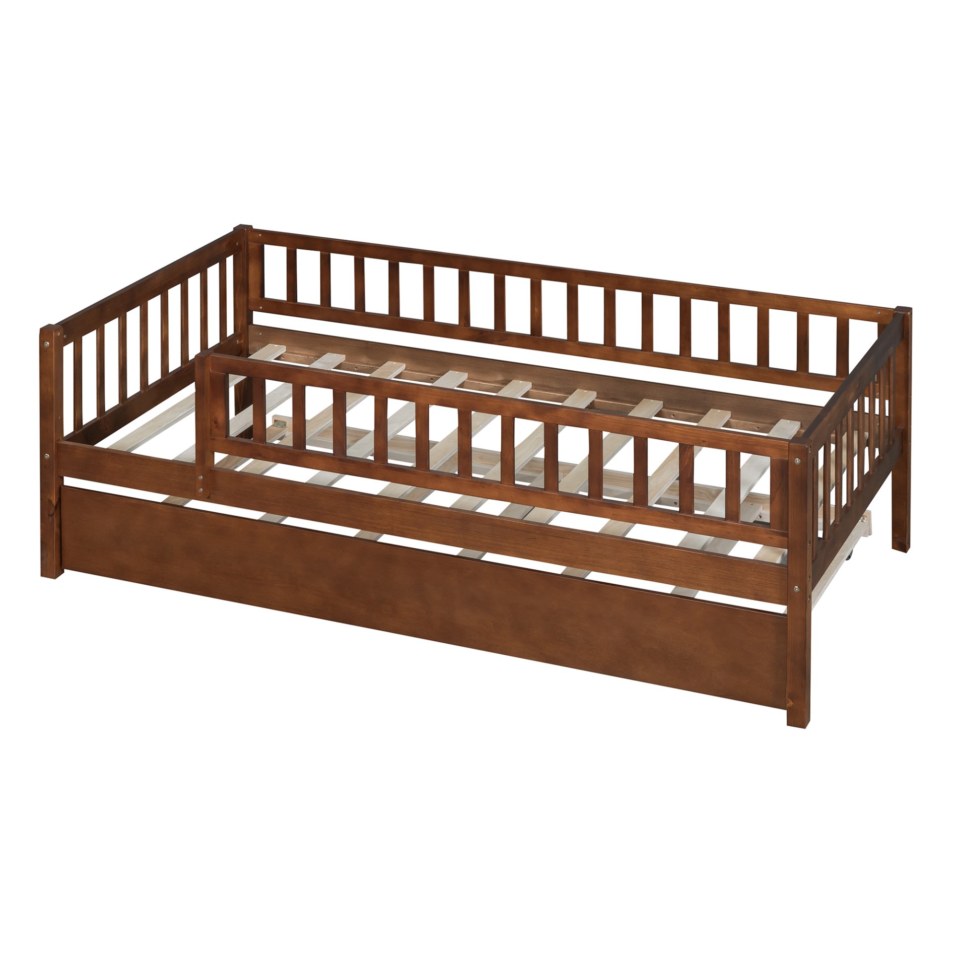 Twin Size Daybed With Trundle And Fence Guardrails - Walnut - Image 14