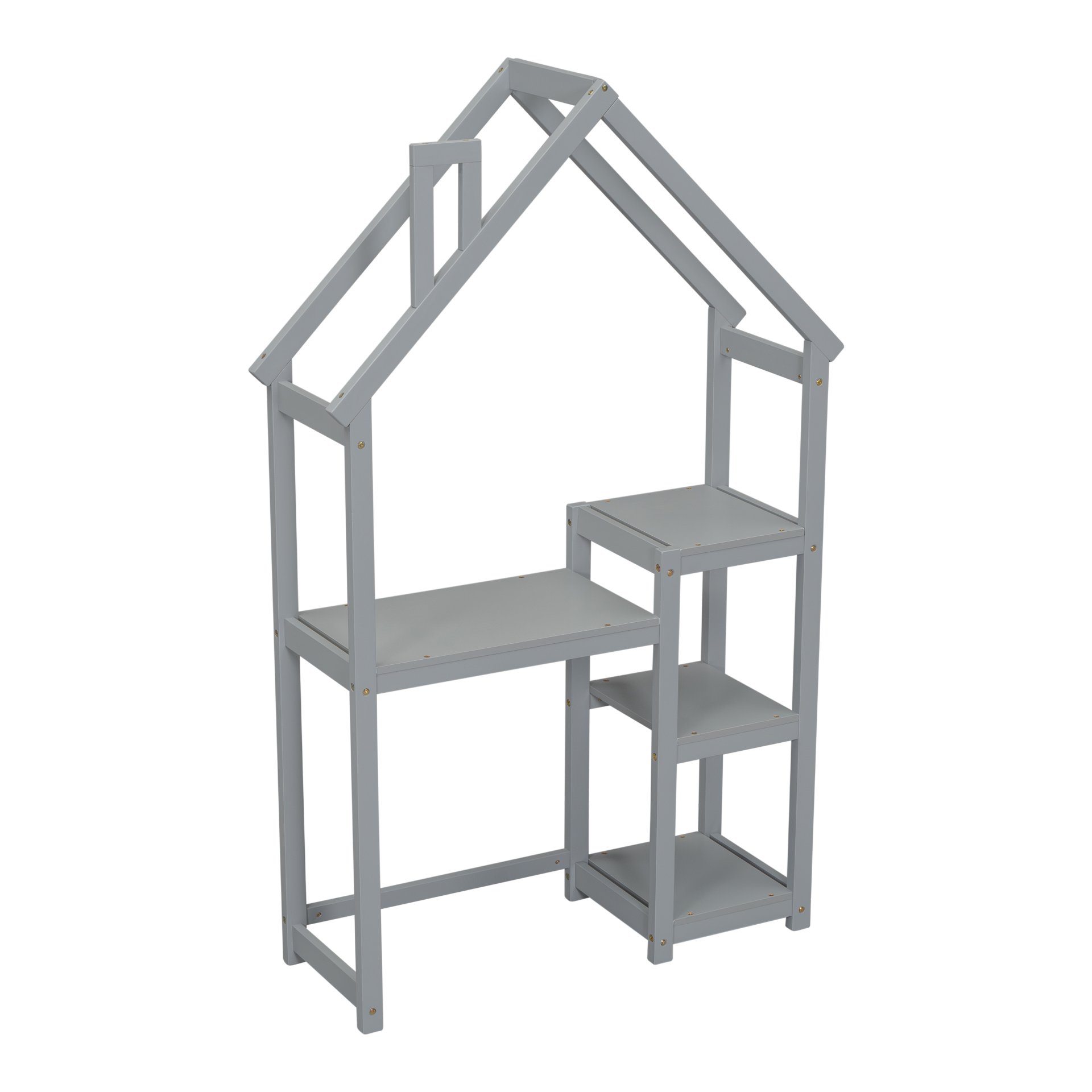 House-Shaped Wooden Writing Desk, Kids Study Table, Bookshelf & Toy Storage - Gray - Image 10