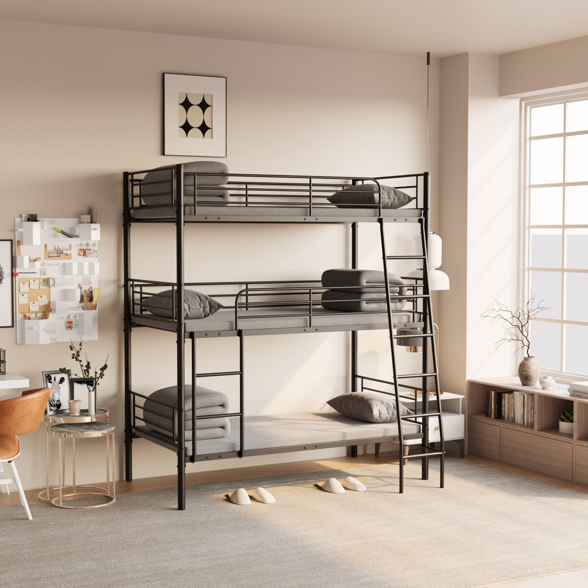 Twin Size Metal Triple Bunk Bed For Bedroom And Dormitory, Convertible Into 3 Separate Beds - Black - Image 2