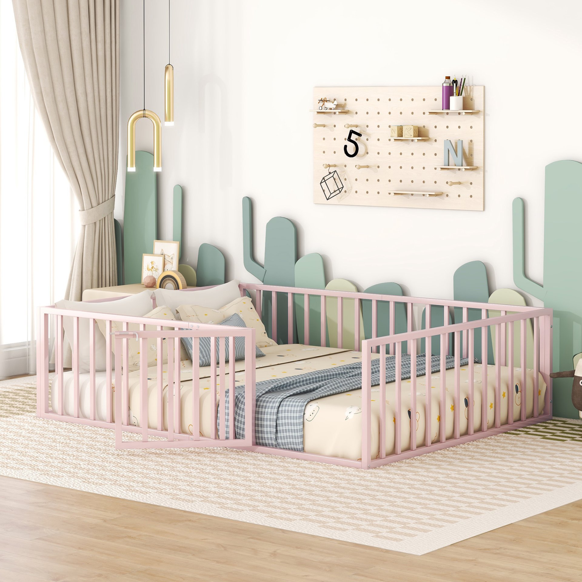 Queen Size Floor Bed Frame With Fence And Door - Pink - Image 2