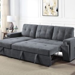 Toby - Woven Fabric Reversible Sleeper Sectional Sofa With Storage Chaise Cup Holder Charging Ports And Pockets - Gray