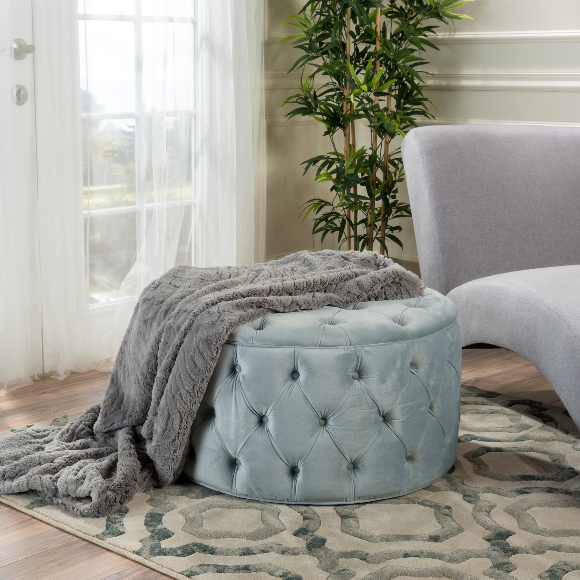 Elegant Ottoman With Plush Velvet Upholstery - Light Gray - Image 2
