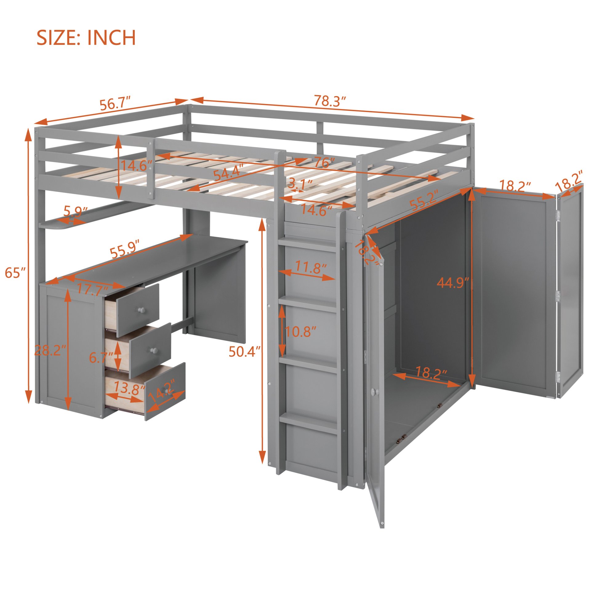 Full Size Loft Bed With Drawers, Desk, And Wardrobe - Gray - Image 9
