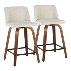 Toriano - Mid-Century Modern Fixed Height Counter Stool Square Footrest (Set of 2) - Walnut / Cream