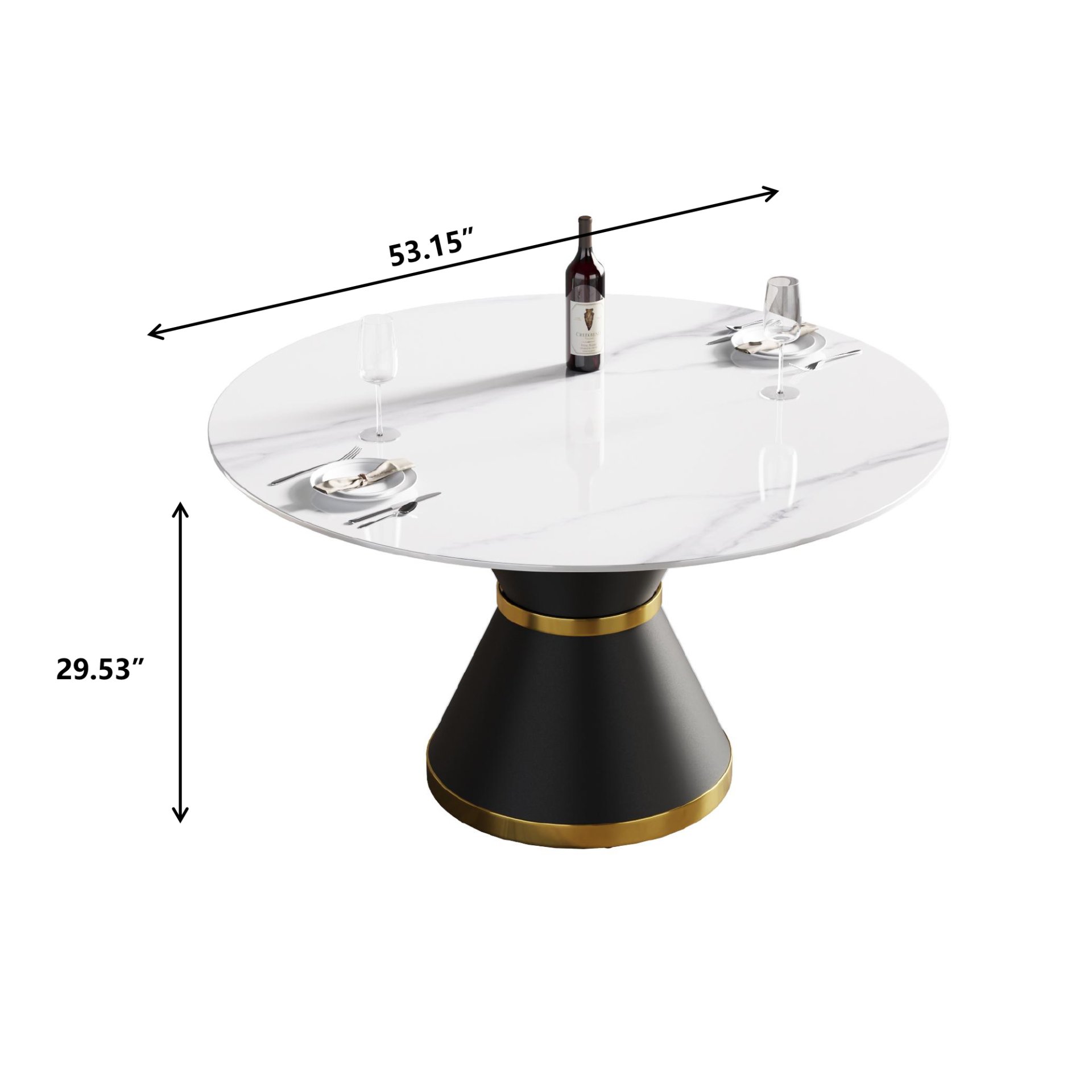 53.15" Modern Artificial Stone Round Carbon Steel Base Dining Table, Can Accommodate 6 People -White / Black - Image 3