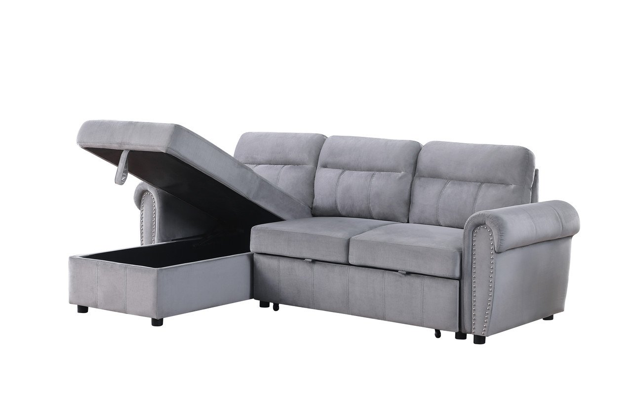 Ashton - Velvet Fabric Reversible Sleeper Sectional Sofa Chaise - Gray - Image 7
