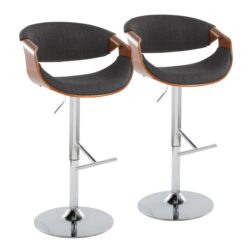 Curvo - Mid-Century Modern Adjustable Barstool With Swivel With Straight T Footrest (Set of 2) - Chrome / Walnut / Charcoal