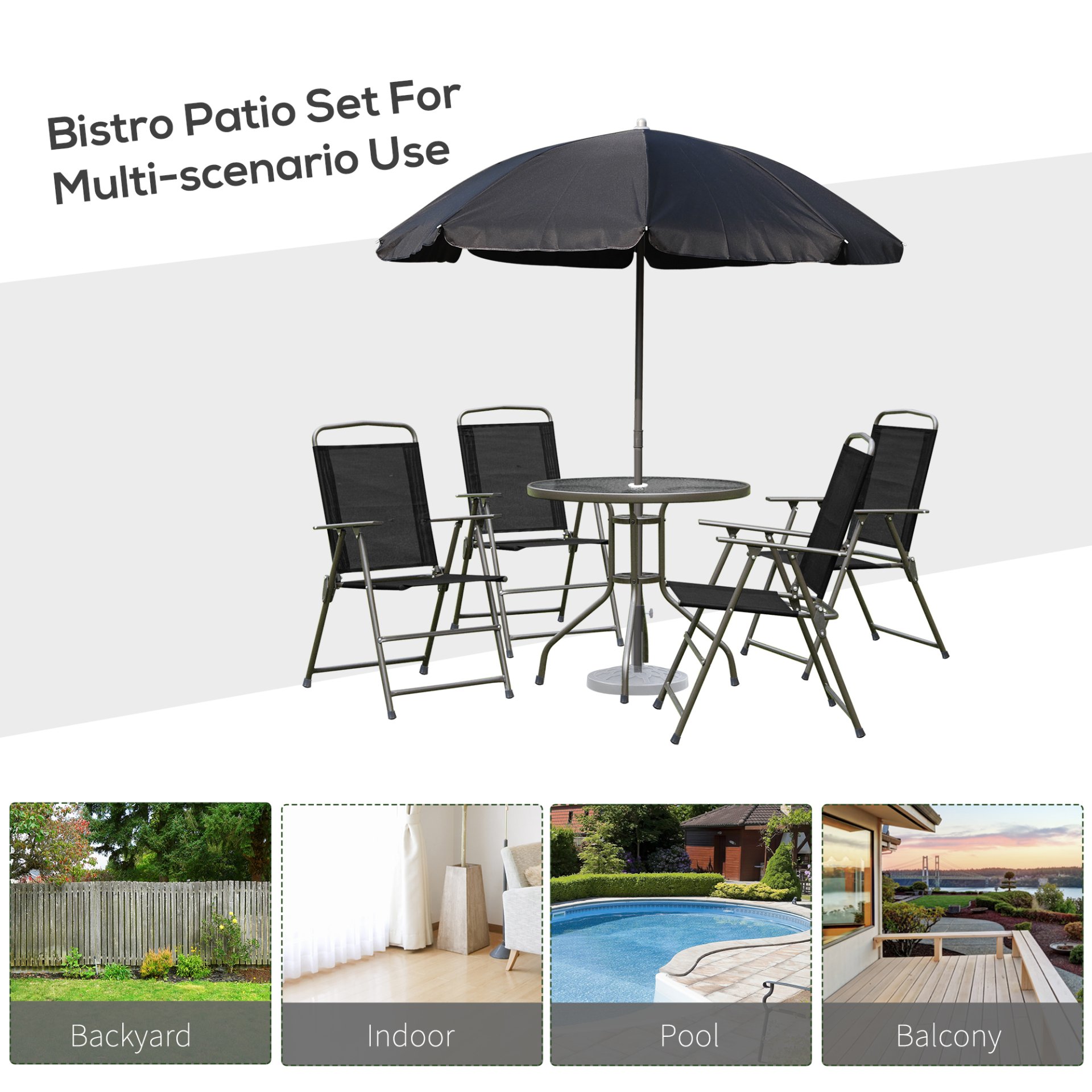 Outsunny - 6 Piece Patio Dining Set For 4 With Umbrella, Outdoor Table And Chairs With 4 Folding Dining Chairs & Round Glass Table For Garden, Backyard And Poolside - Black - Image 5