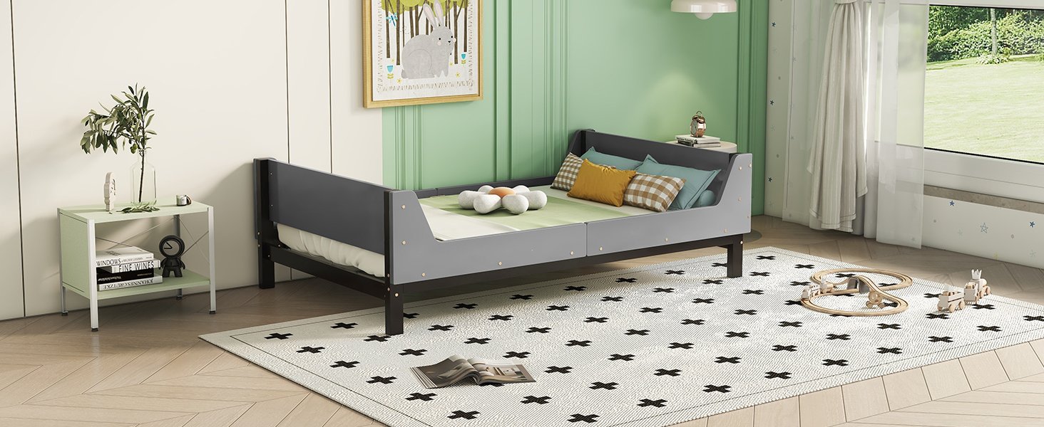 Twin Bed With Headboard, Footboard, Safeguards, Built-In Bed-End Book Storage Rack - Gray - Image 22