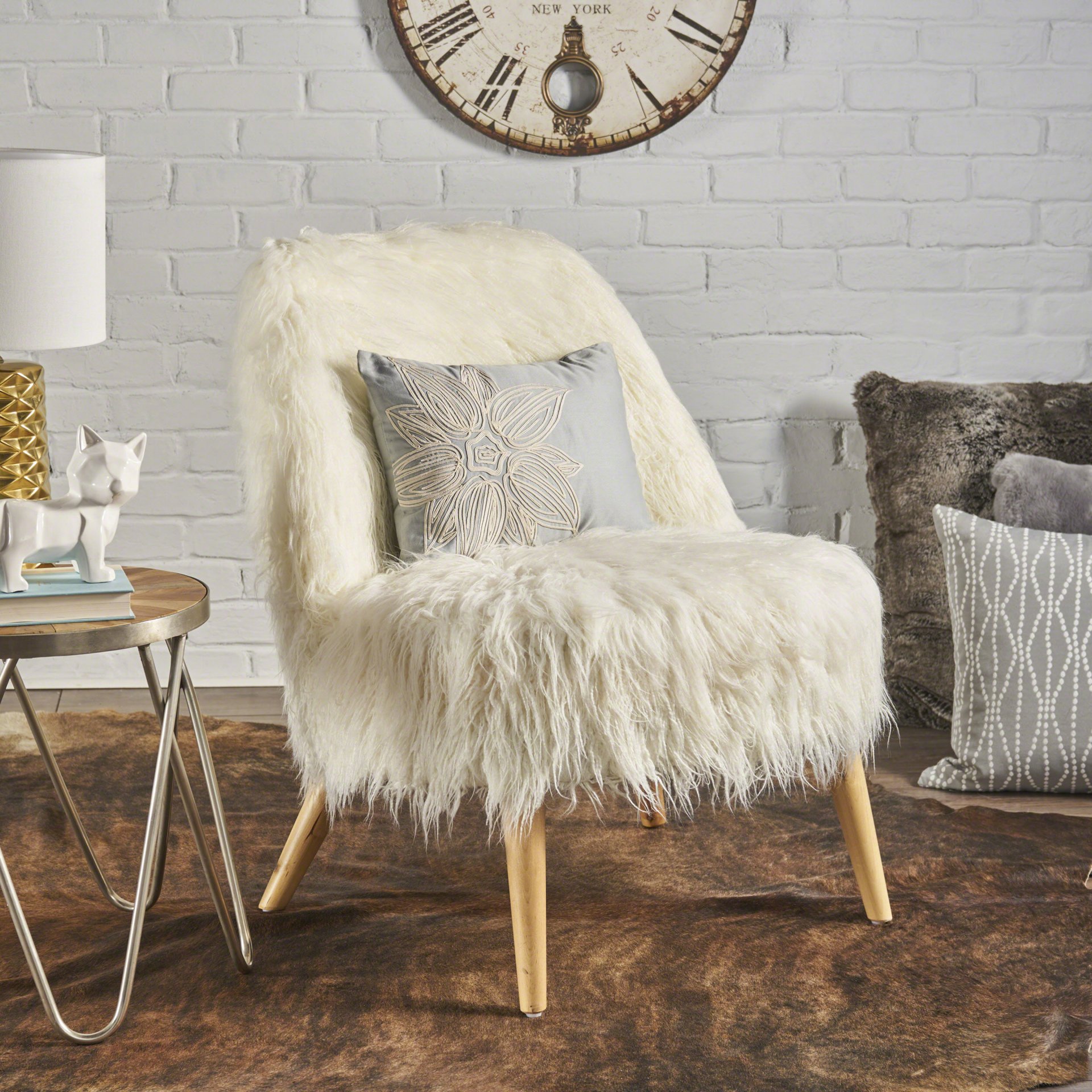 Modern Glam Club Chair With Shaggy Textures - White - Image 6