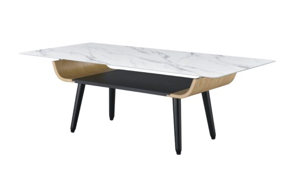 Landon - Coffee Table With Glass Marble Texture Top And Bent Wood Design - White