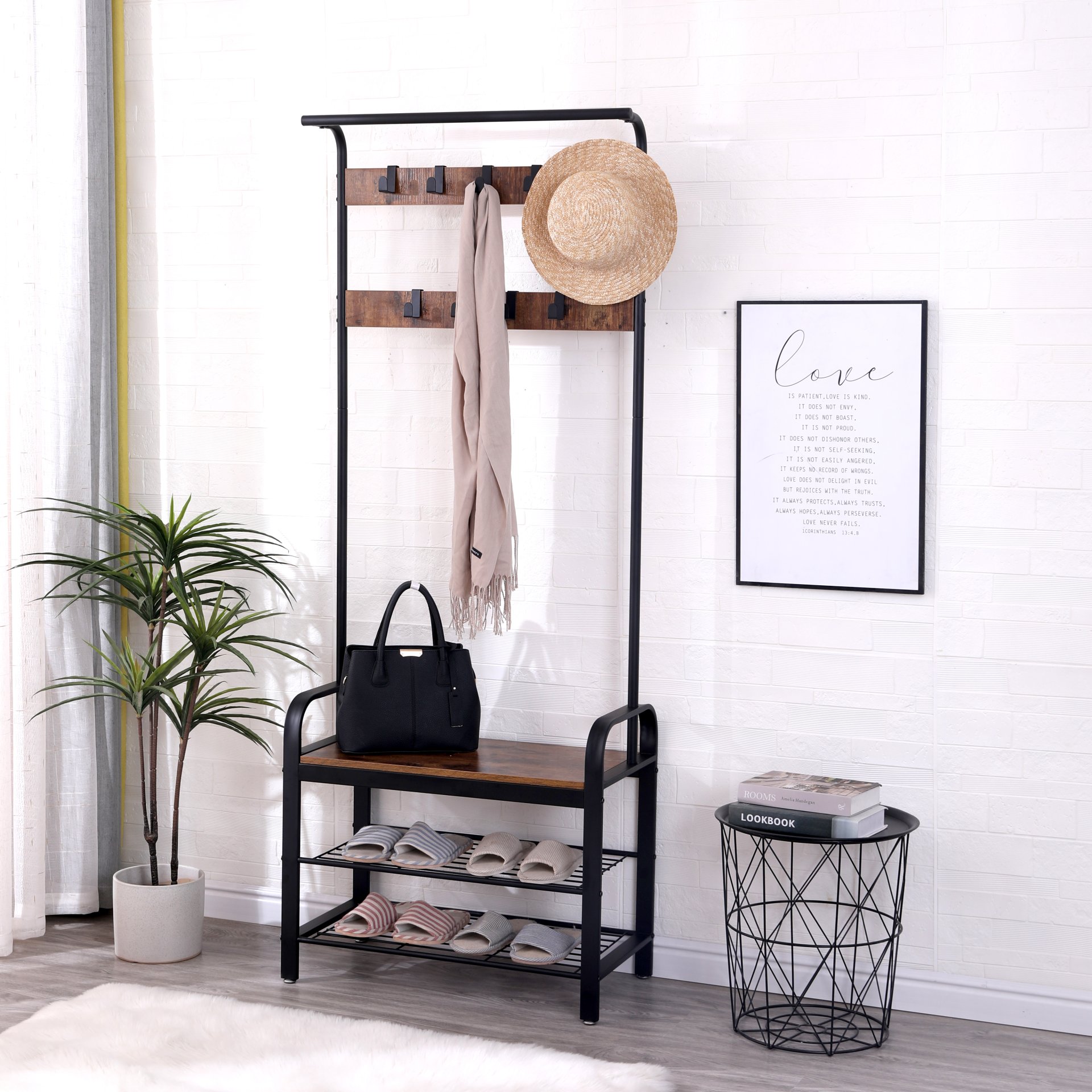 Coat Rack, Hall Tree With Shoe Bench For Entryway, Entryway Bench With Coat Rack, 4 In 1, With 9 Removable Hooks - Rustic Brown / Black - Image 4