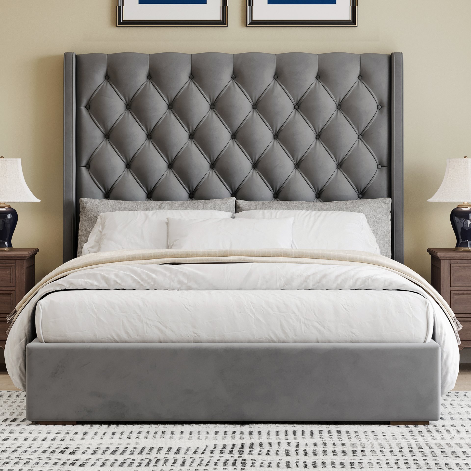 Tall Headboard Upholstered King Size Bed With Handmade Deep Button Tufted, Box Spring Needed, Velvet - Gray - Image 5