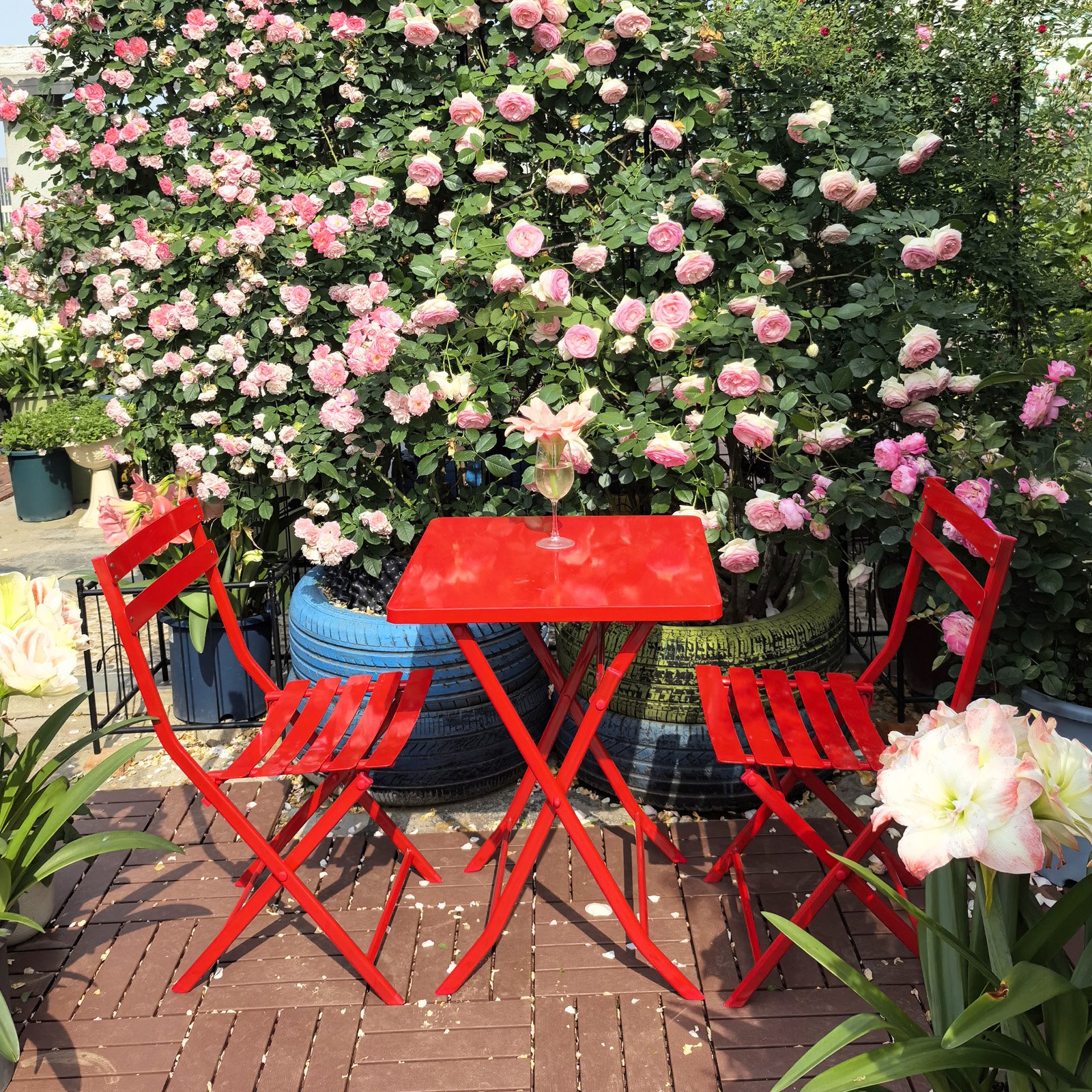 3 Piece Patio Bistro Set Of Foldable Square Table And Chairs - Red - Image 5