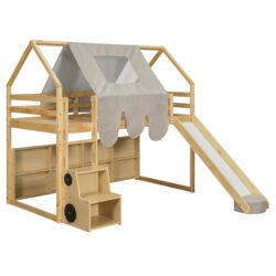 Twin Size Loft Bed With House Shaped Frame And Tent - Natural / Beige