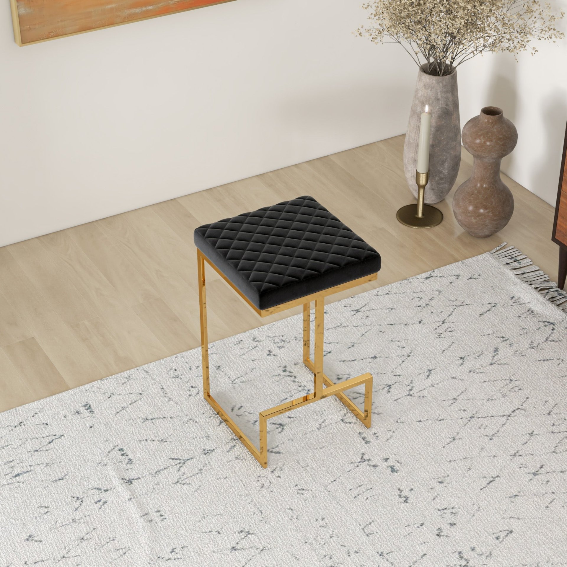 Joel - Mid-Century Modern Luxury Upholstered Stool - Black / Gold - Image 5