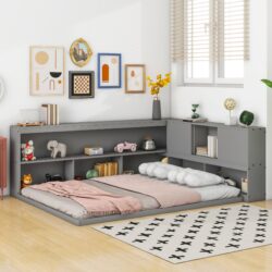 Full Floor Bed With L-Shaped Bookcases, Sliding Doors, Without Slats - Gray