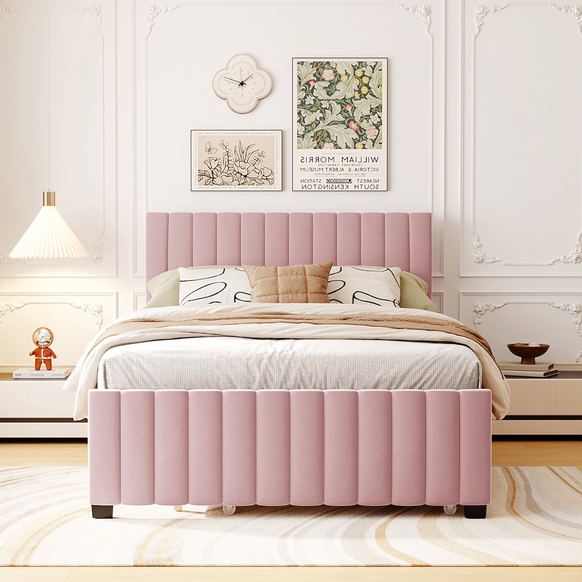 Full Size, Elegant Upholstered Platform Bed With Twin Size Trundle - Pink - Image 4