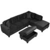 Modern Sectional Sofa With Storage Ottoman, L - Shape Couch With 2 Pillows And Cup Holders - Black - Image 20