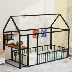 Twin Size Bed House Frame With Desk, Shelves, Power Outlets And USB Ports - Black