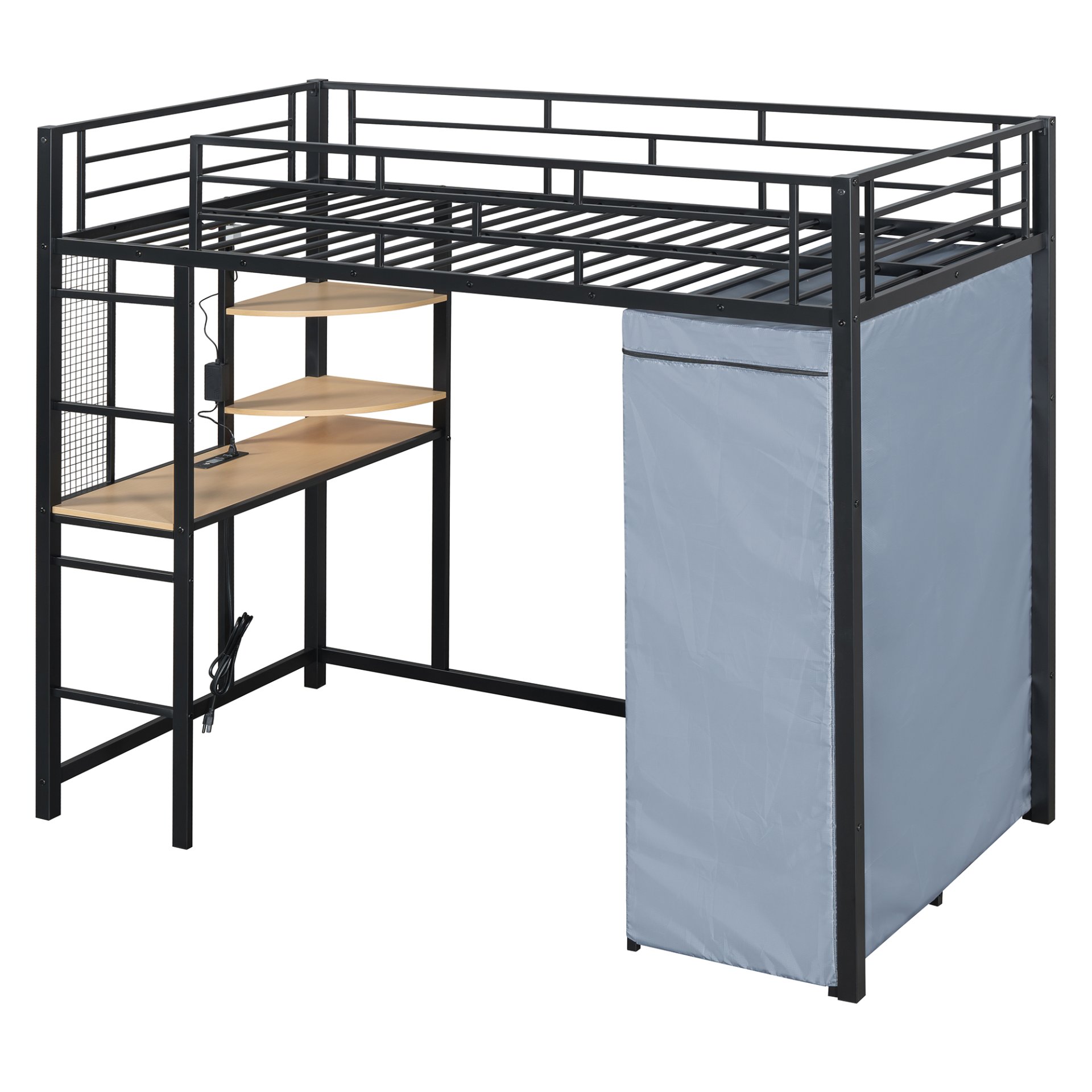 Twin Size Loft Bed With Desk, Shelves, Power Outlet, LED Light And Wardrobe - Black - Image 3