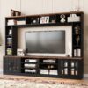 Wall Unit Entertainment Center With Bookshelves For TVs Up To 80", Modern TV Stand Media Console With Cabinets, Tempered Glass Doors And Adjustable Shelves For Living Room - Black - Image 3