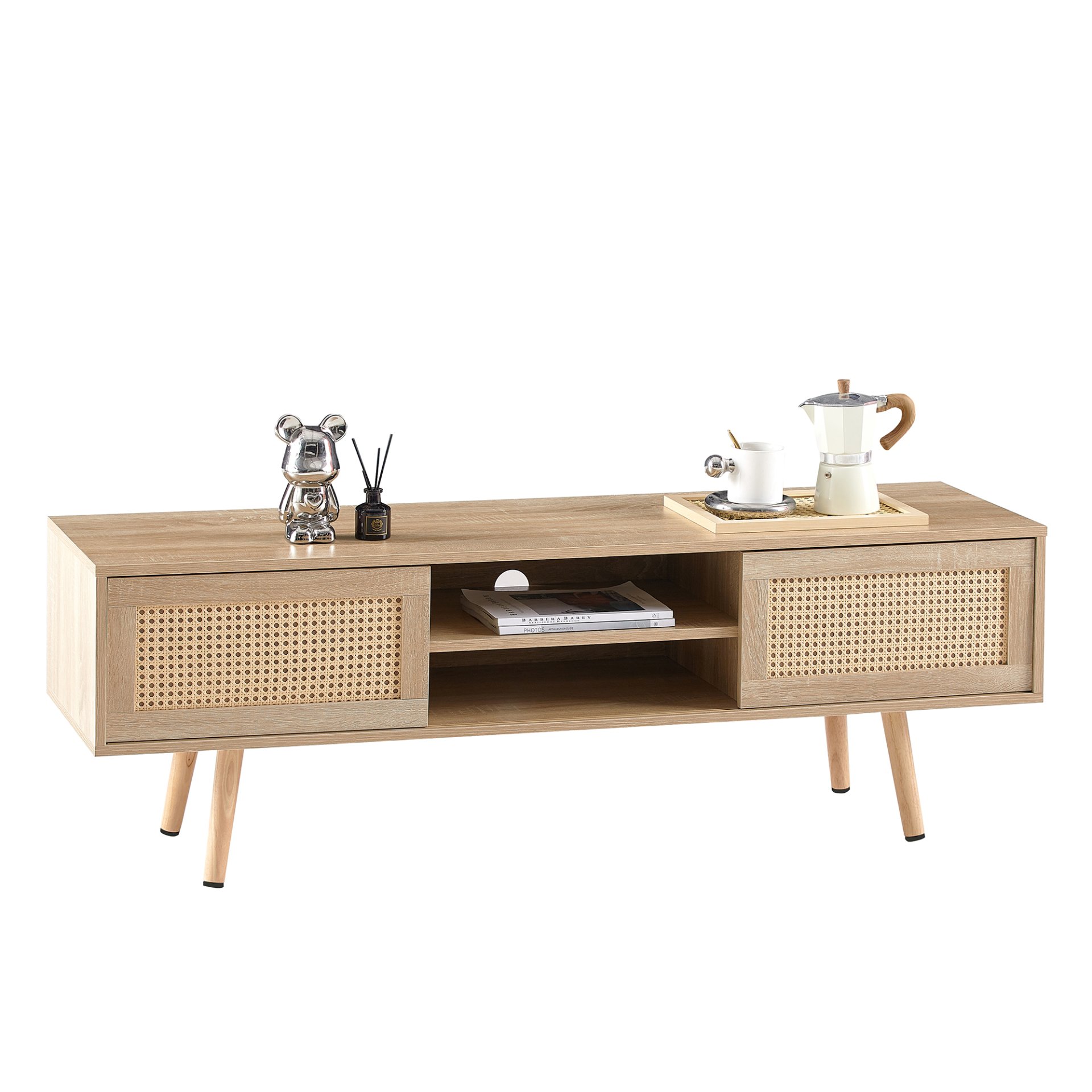 55.12" Rattan TV Cabinet, Double Sliding Doors For Storage, Adjustable Shelf, Solid Wood Legs, TV Console For Living Room - Natural - Image 6
