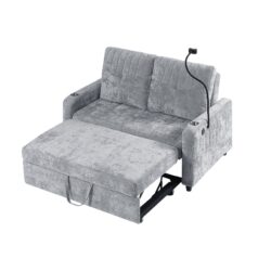 Modern Loveseat Pull Out Sofa Bed With Adjustable Backrest, Two Cup Holders, A Phone Holder, Three Charging Ports And Side Storage Pockets For Living Room - Gray