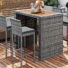 5 Pieces Outdoor Patio Wicker Bar Set, Bar Height Chairs With Non-Slip Feet And Fixed Rope, Removable Cushion, Acacia Wood Table Top - Brown / Gray - Image 4