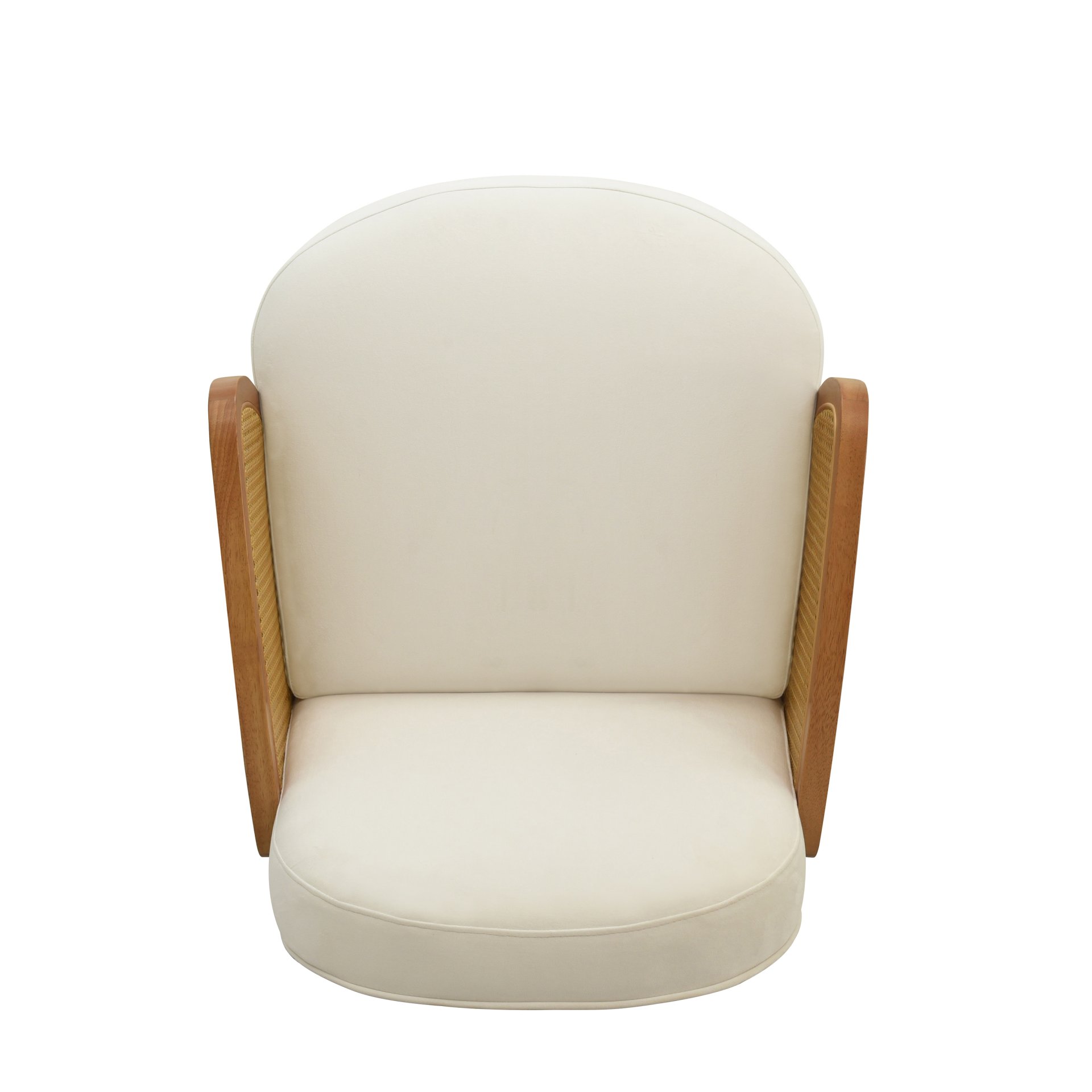 Mid Century Accent Chair With Rattan Armrests, Velvet Upholstery & Wooden Legs - Ivory - Image 11