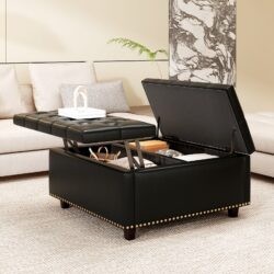 Large Square Storage Stool With 2 Storage Doors, Footstool For Living Room Studded Mid - Century Modern Coffee Table - Black