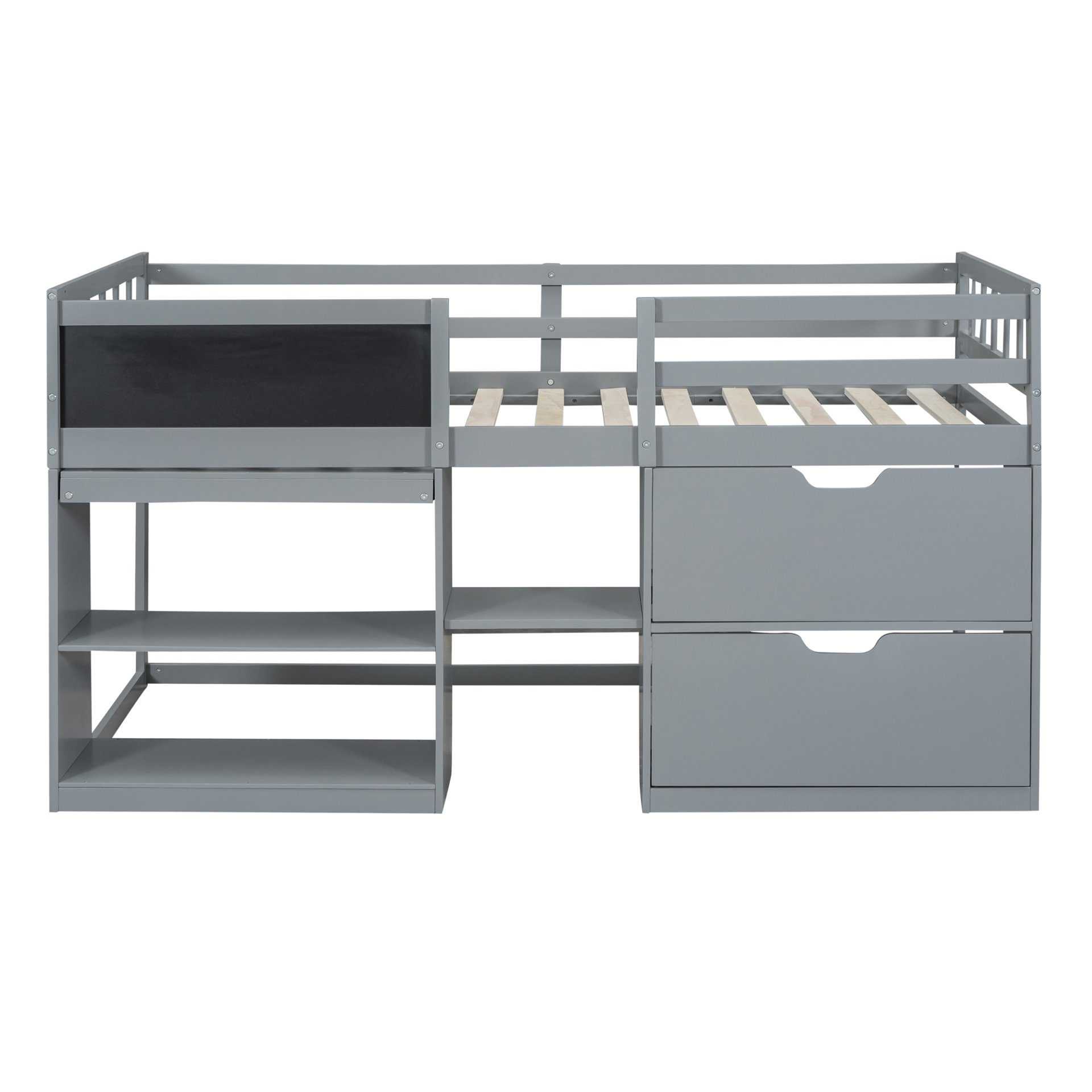 Twin Size Low Loft Bed With Rolling Desk, Shelf And Drawers - Gray - Image 4