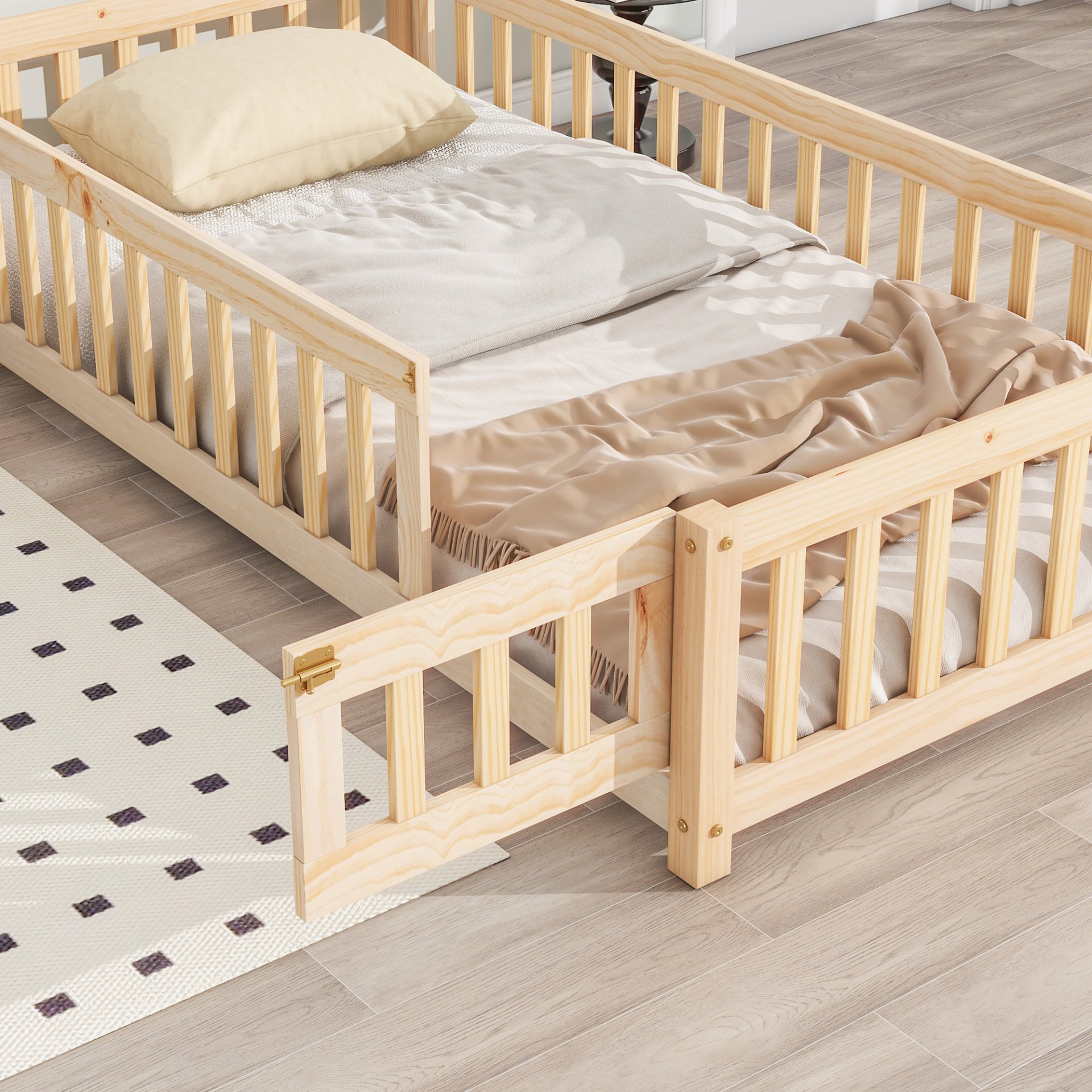 Twin House-Shaped Headboard Floor Bed With Fence - Natural - Image 4