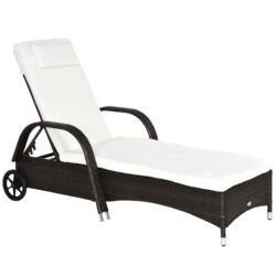 Outsunny - Wicker Outdoor Chaise Lounge, 5-Level Adjustable Backrest Pe Rattan Pool Lounge Chair With Wheels, Cushion & Headrest - Brown / Cream White