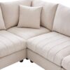 Modern Sectional Sofa With Vertical Stripes, 2 Pillows, 5 Seat Couch With Convertible Ottoman, Various Combinations, L-Shape Indoor Furniture - Beige - Image 10