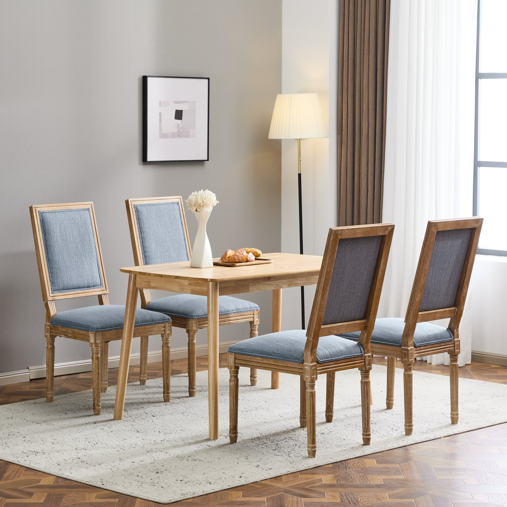 Vintage Inspired French Country Dining Chairs (Set of 4) With Cane Backrest & Upholstered Seats - Slate Blue - Image 5