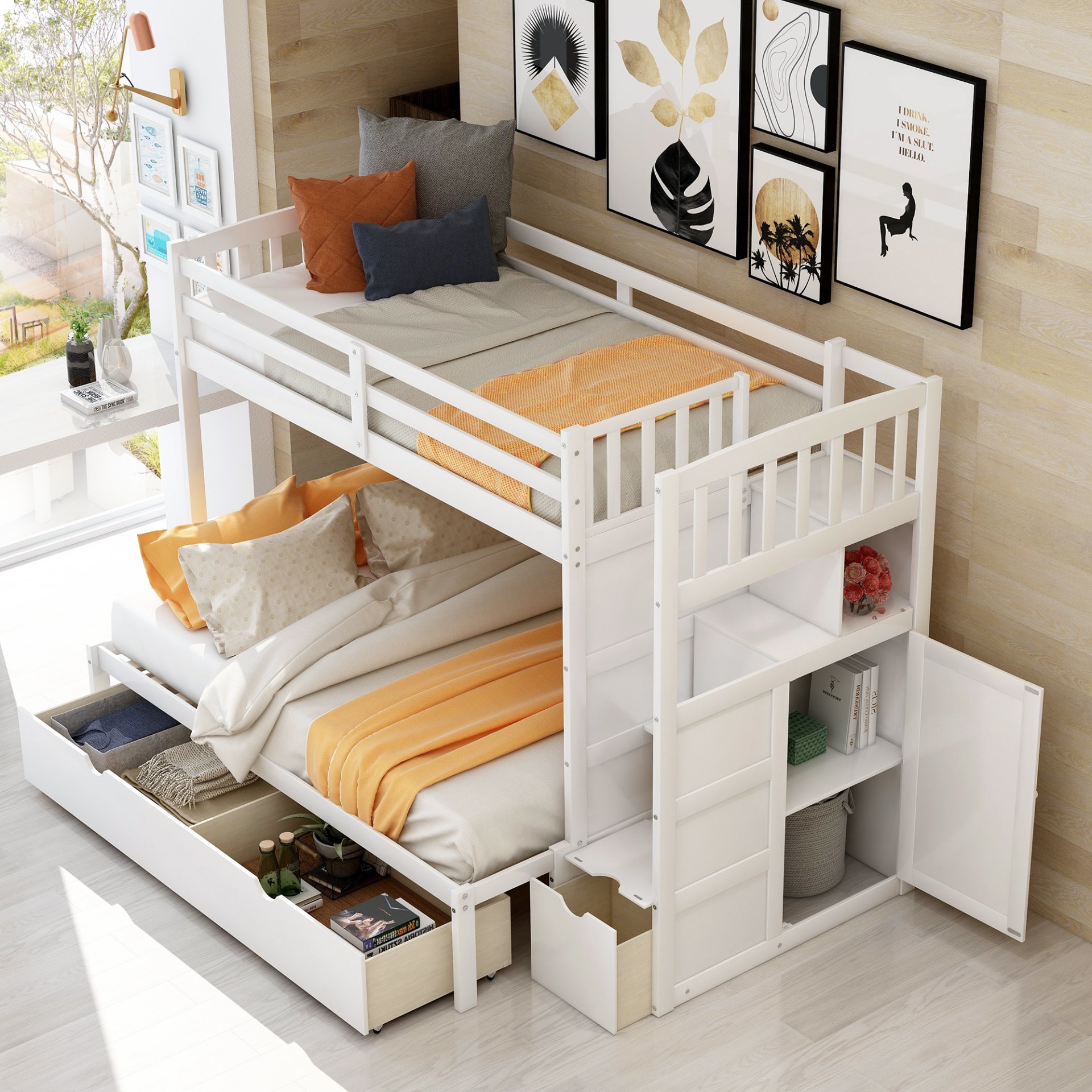 Twin Over Full / Twin Bunk Bed, Convertible Bottom Bed, Storage Shelves And Drawers - White - Image 5