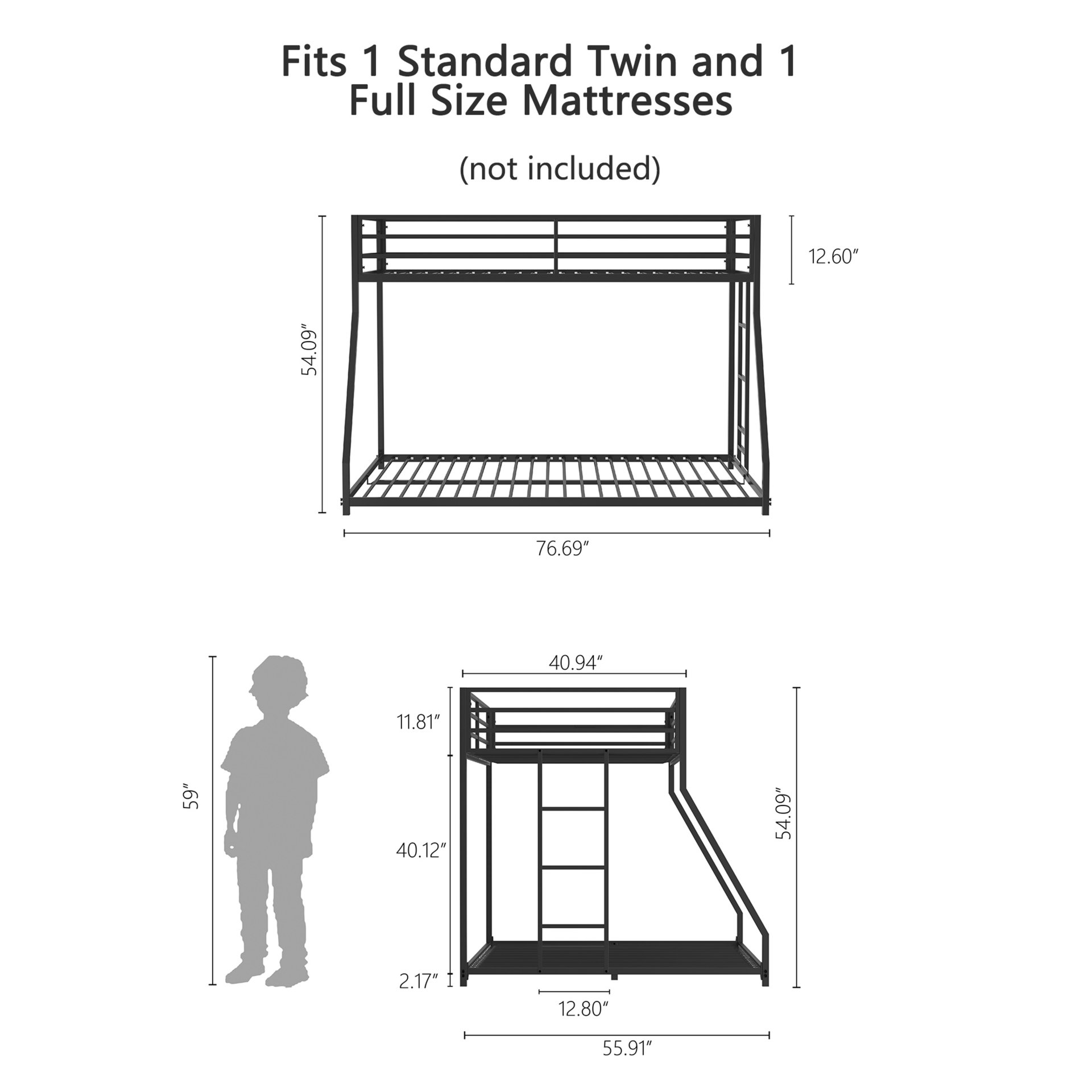 Adam - Twin Over Full Metal Bunk Bed - Black Metal - Image 3