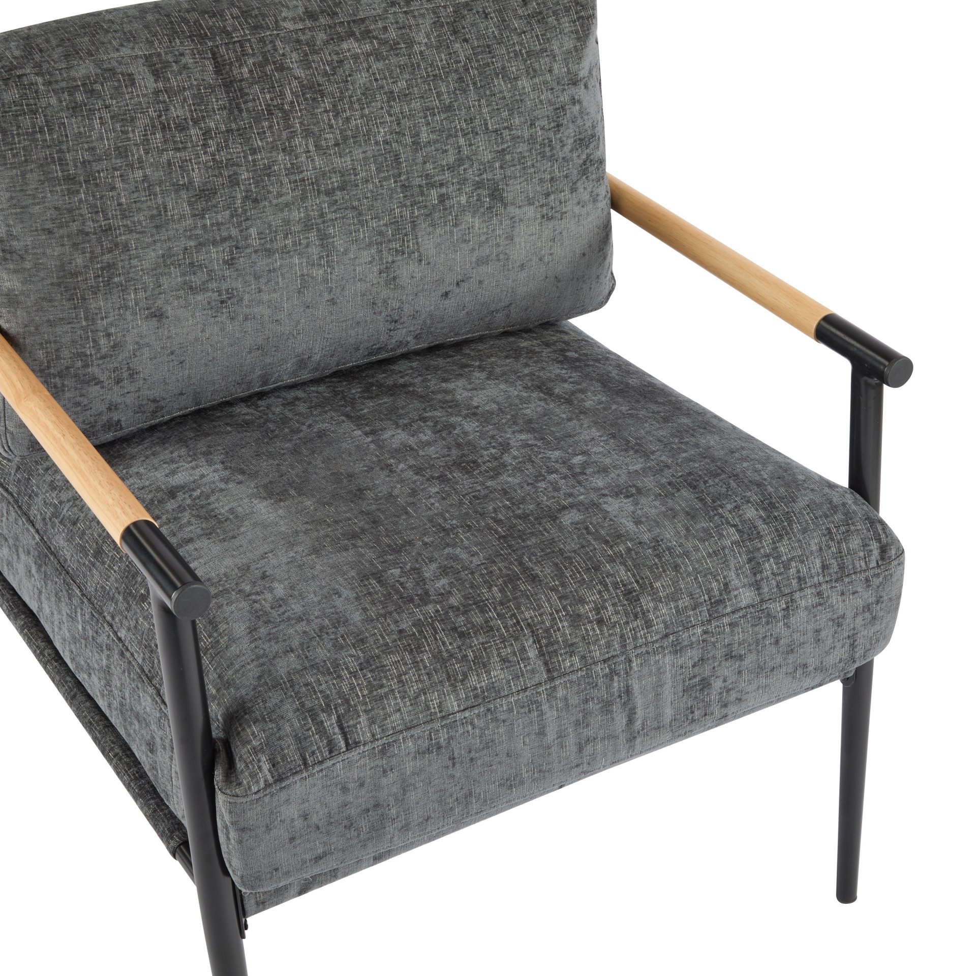 Modern Accent Chair With Plush Cushions, Minimalist Metal Frame, Wooden Armrest - Gray - Image 14