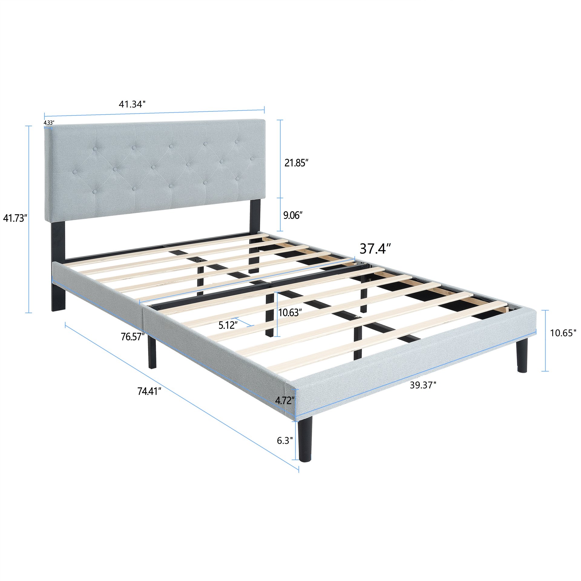 Modern Twin Size Upholstered Platform Bed Frame With Button Tufted Linen Fabric Headboard - Light Gray - Image 3