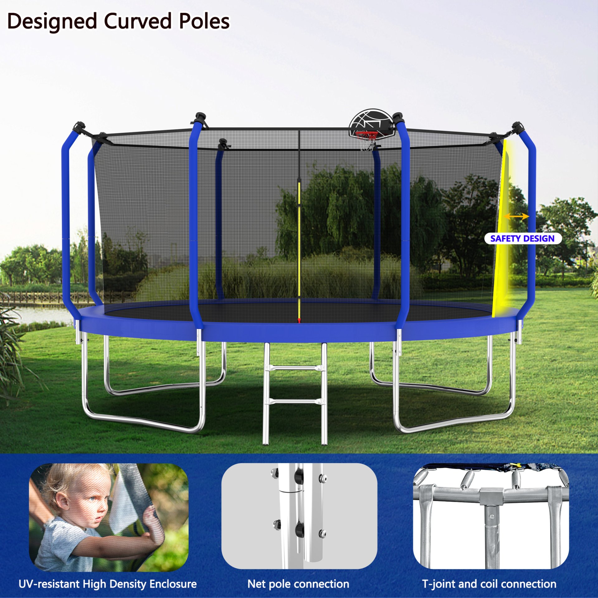 Trampoline With Basketball Hoop, Astm Approved Reinforced Type Outdoor Trampoline With Enclosure Net - Blue - Image 7