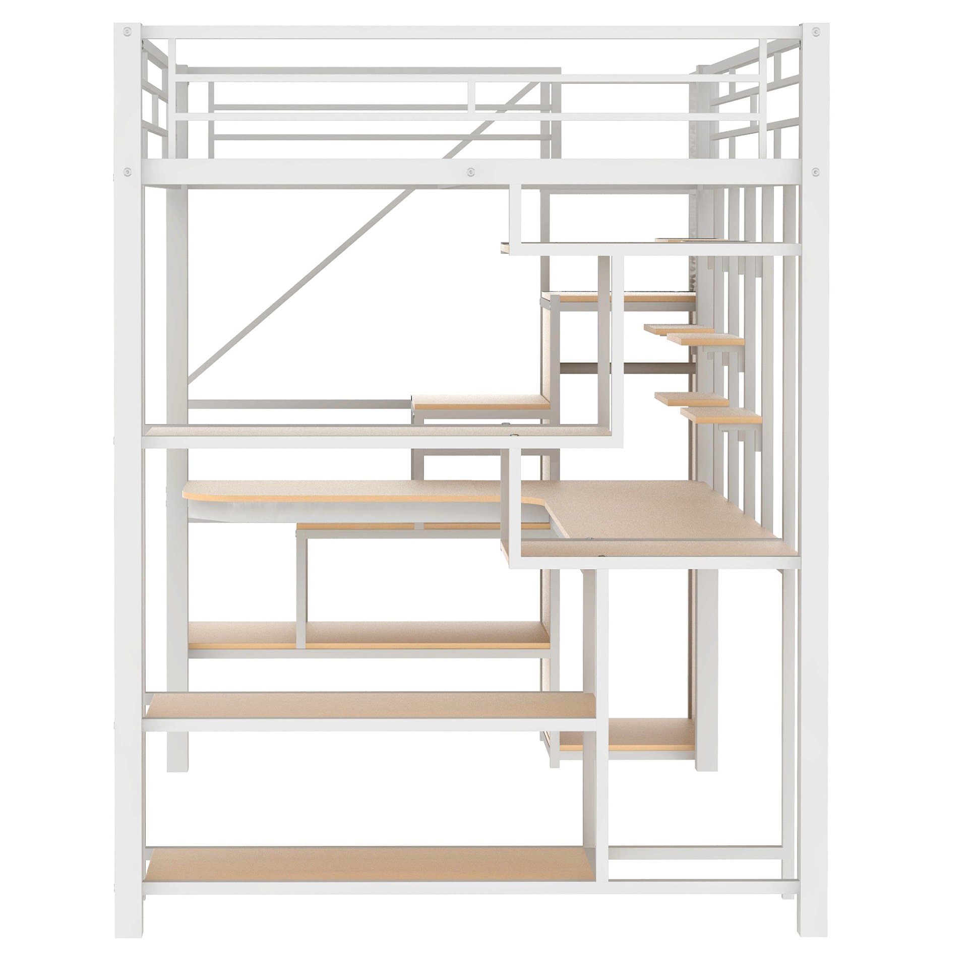 Full Size Metal Loft Bed With Storage Staircase And Small Wardrobe, Built - In Desk And Storage Shelves - White - Image 11