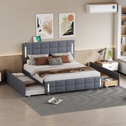 Queen Size Upholstered Platform Bed With Trundle And Drawers - Gray
