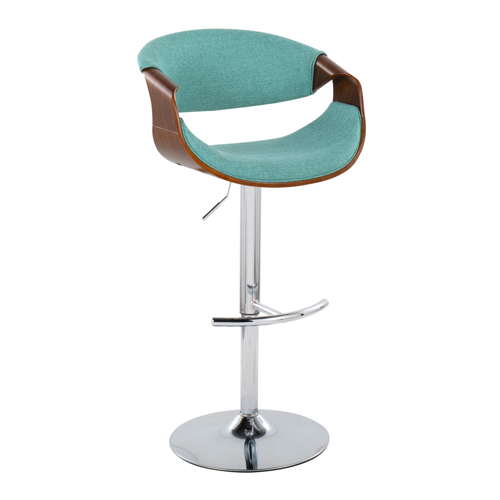 Curvo - Mid-Century Modern Adjustable Barstool With Swivel With Rounded T Footrest (Set of 2) - Chrome / Walnut / Teal - Image 2