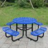 Round Outdoor Steel Picnic Table With Umbrella Pole - Blue - Image 5