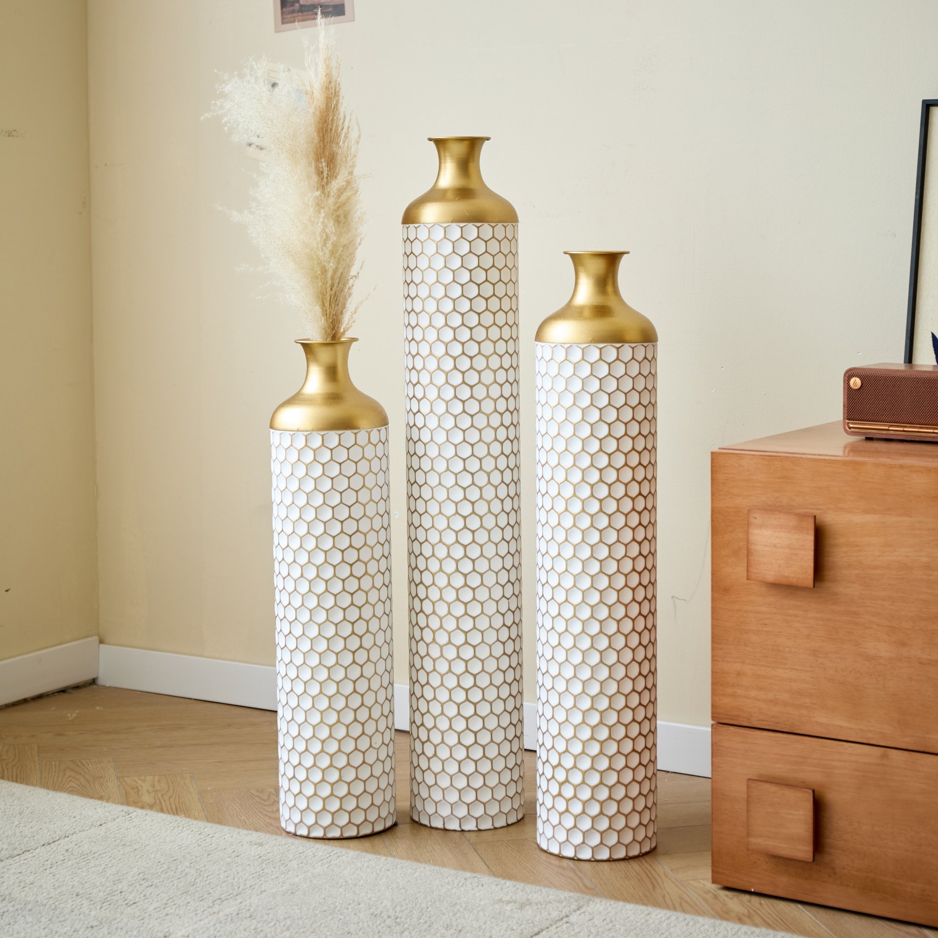 3 Piece Set Gorgeous Home Decoration Large Glazed Floor Vase Decoration Home Droplet Shaped - Gold / White - Image 16