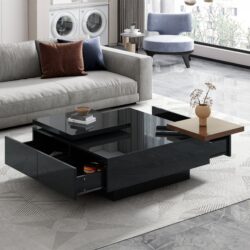 Movable Top Coffee Table, Modern Square Wood Coffee Table With High Gloss Finish, 4 Hidden Storage Drawers For Living Room - Black