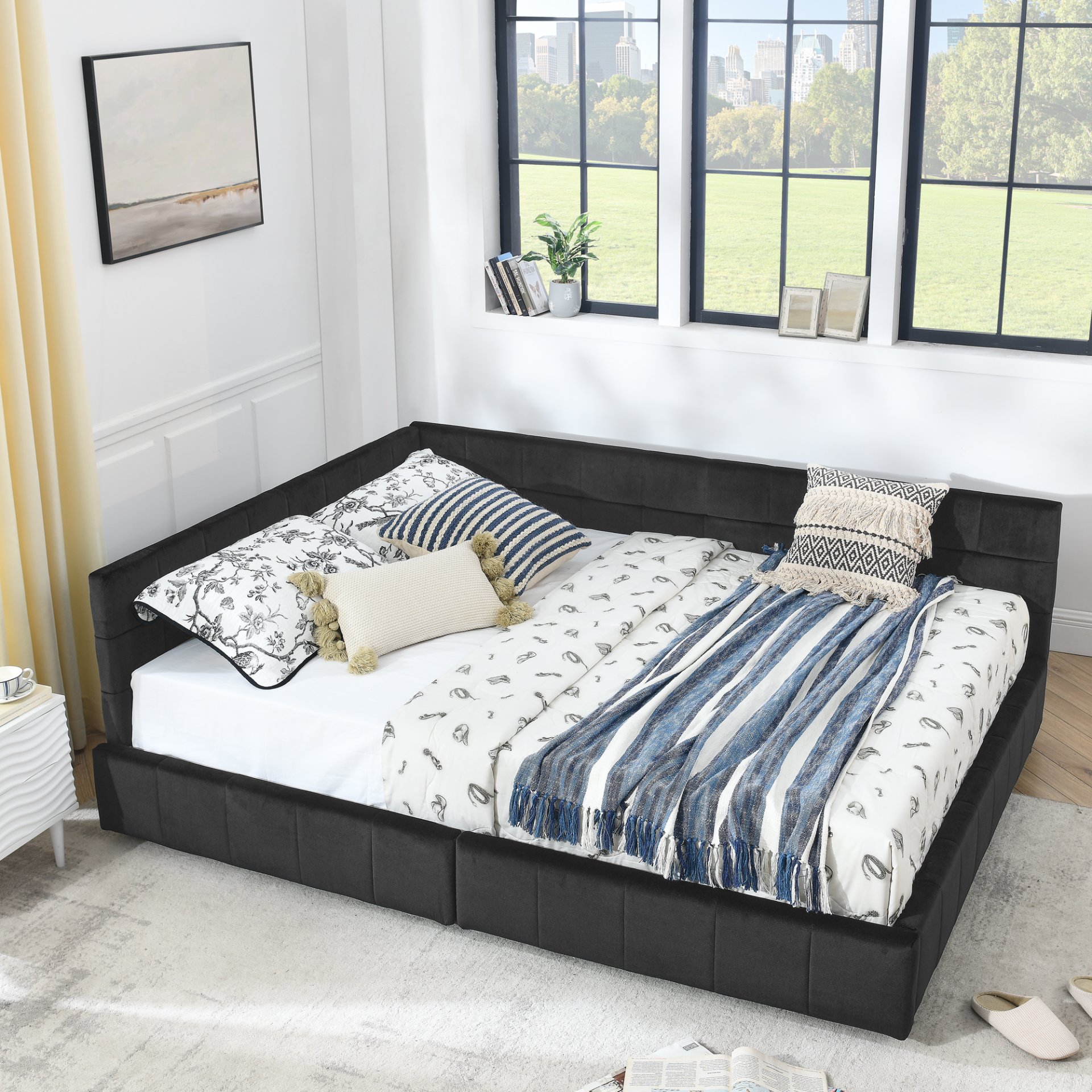 Mid Century Queen Size Storage Upholstered Tufted Bed Frame With Backrest And Armrests Velvet - Black - Image 7